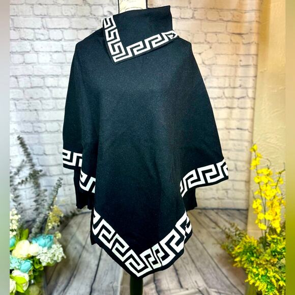 Vintage Loose Geometric Design Pullover Elegant Top Lapel Cowl Neck Cape - Black - Picture 2 of 8